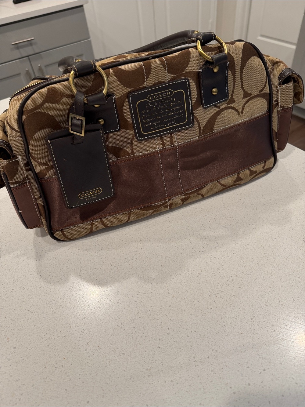 Vintage Coach Brown Signature Canvas Duffel with Dark Brown Leather Trim